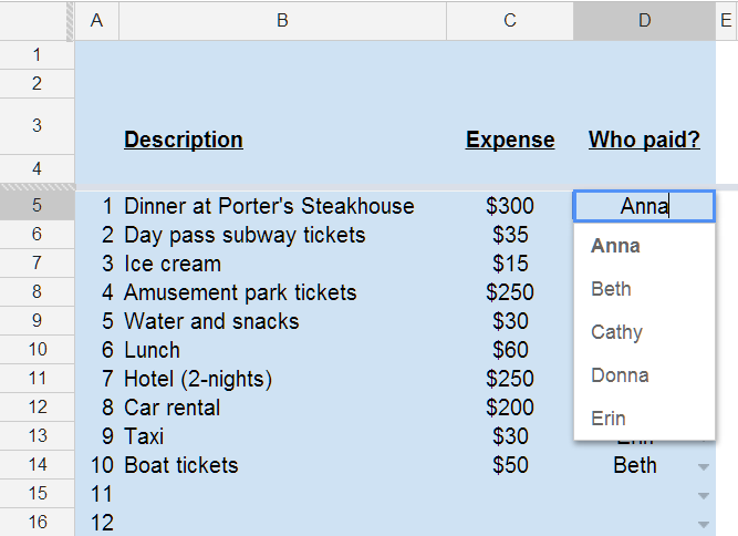 splitting group costs with spreadsheets spreadsheetsolving google sheets planner