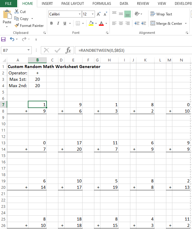 Build A Printable Math Worksheet Generator Spreadsheet - Spreadsheetsolving