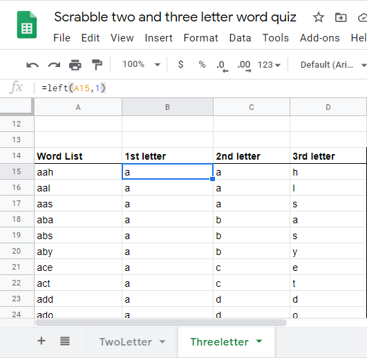 Build a Scrabble two and three letter word memorization training