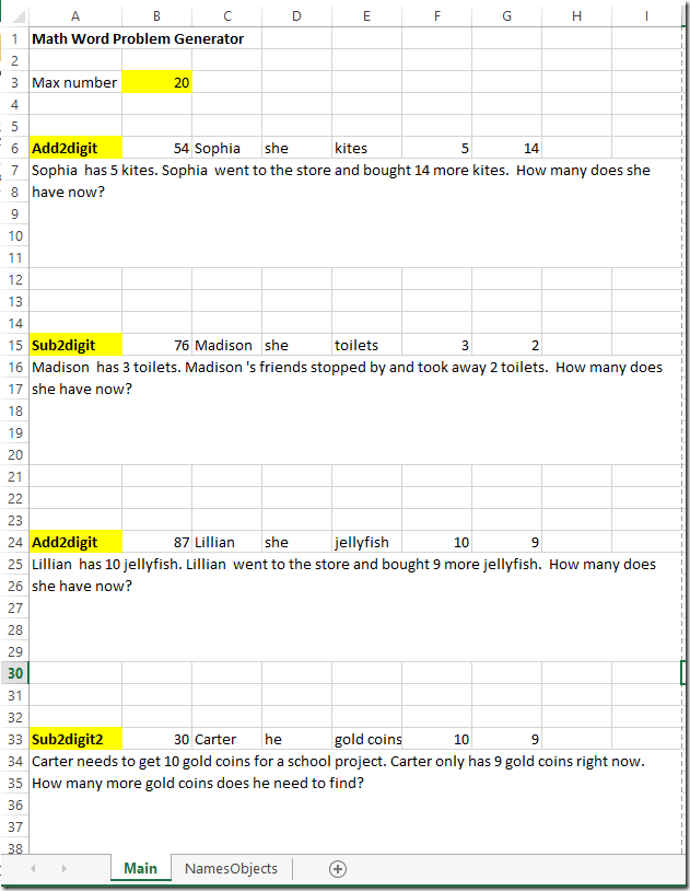 Build A Math Word Problem Worksheet Generator - Spreadsheetsolving