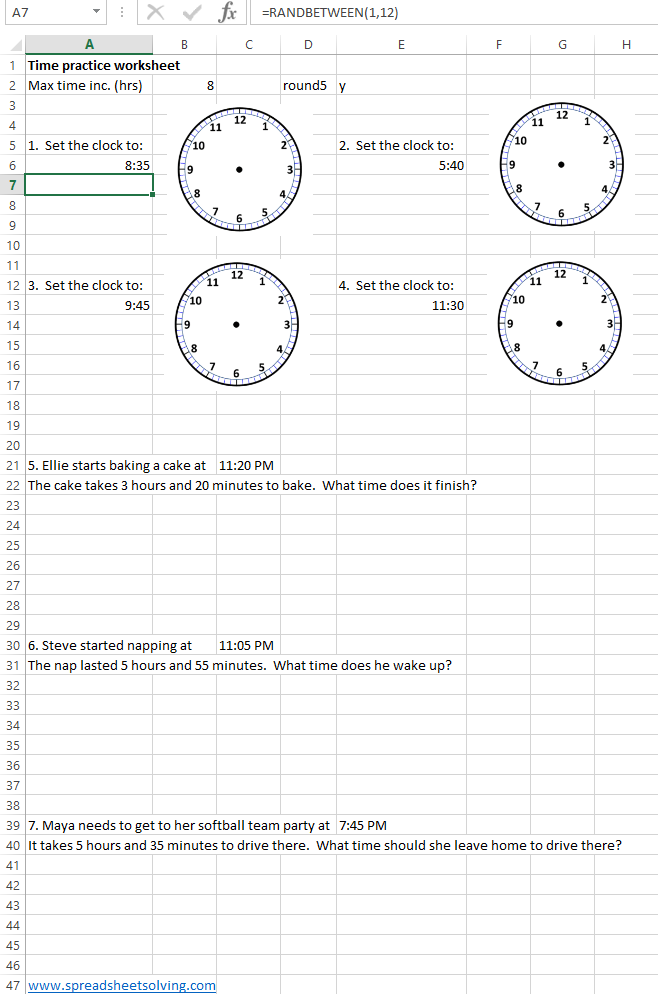 Printable time and clock math worksheet generator